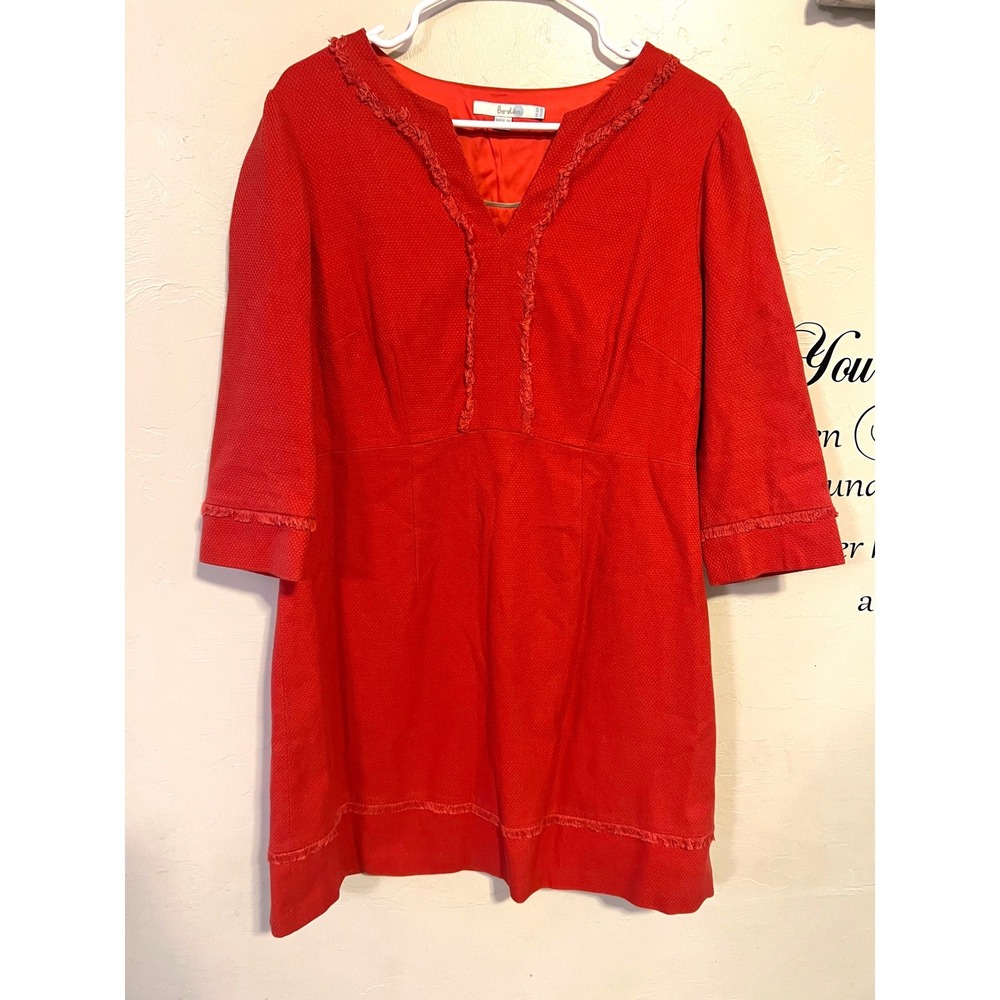 Boden Red Textured Cotton Fringe Trim V-Neck Dress Work Preppy Career Bold Mod